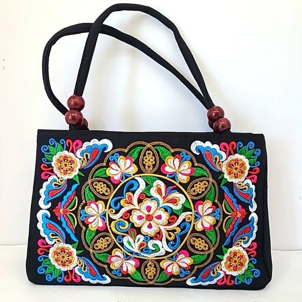 Embroidered Black Floral Handbag 11x7x3.5 Boho Hippie